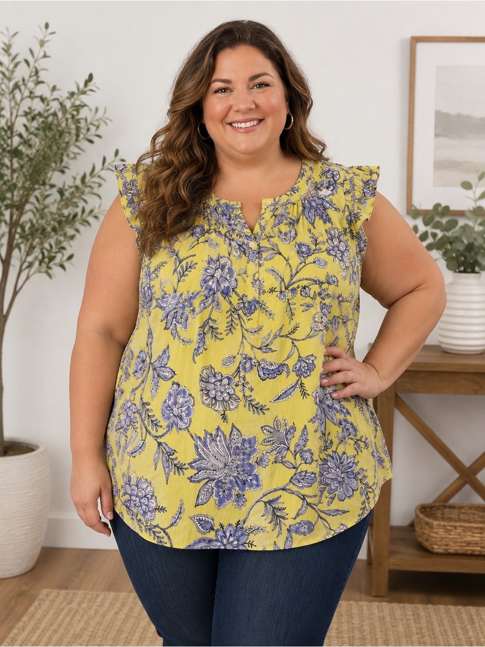 LOFT Plus Yellow Blue Floral Blouse Size 18 Lightweight Flutter Sleeve Top